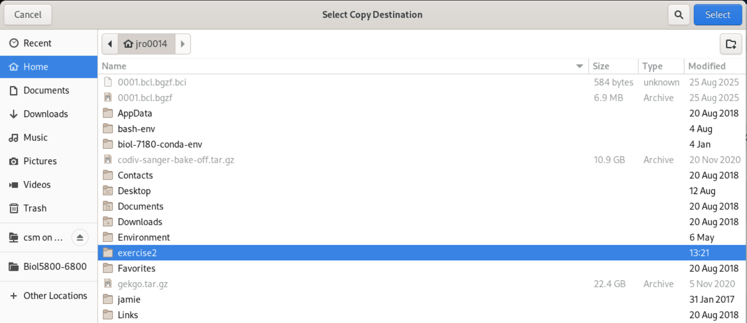 Selecting copy destination folder