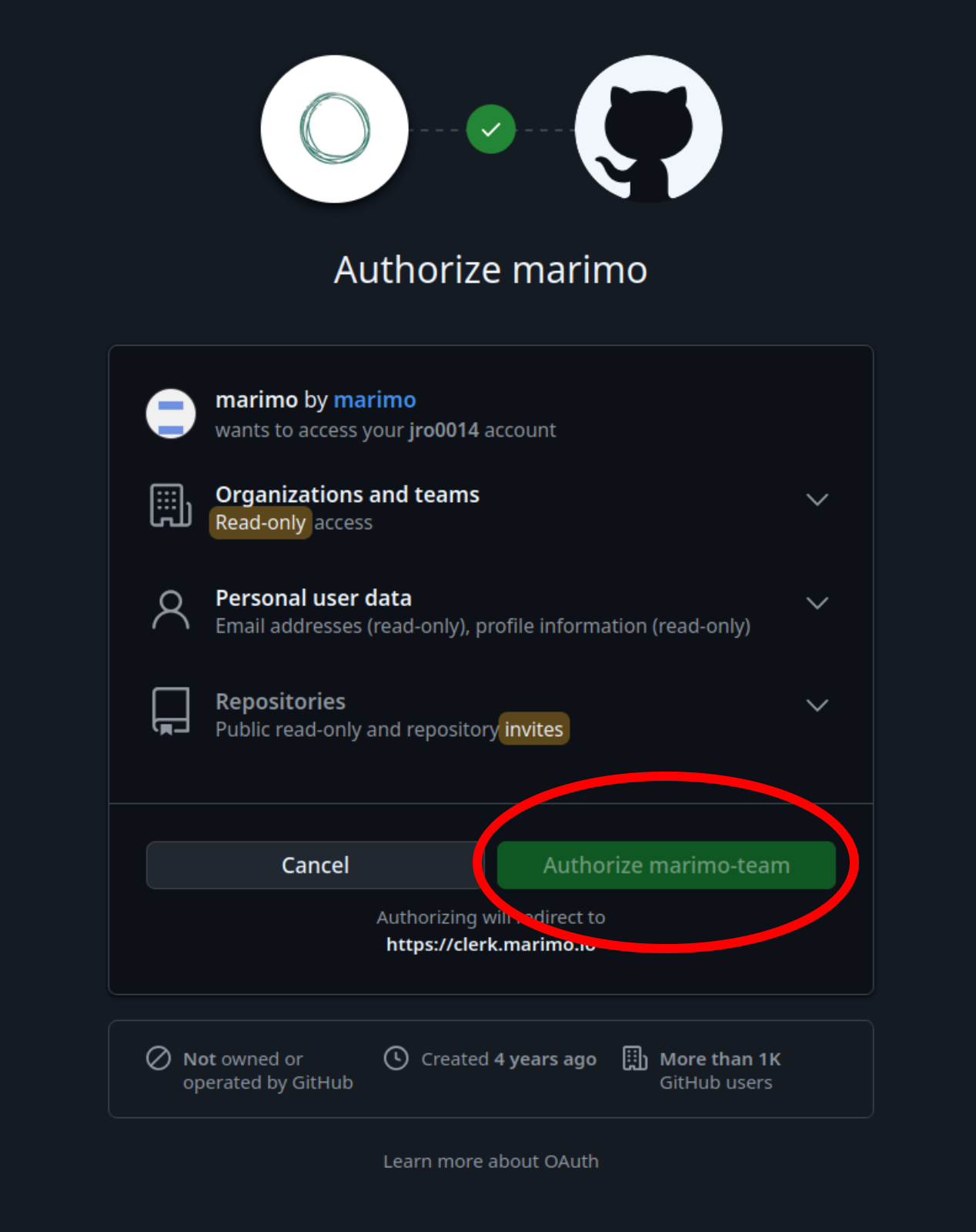 Click to authorize marimo to access info from GitHub